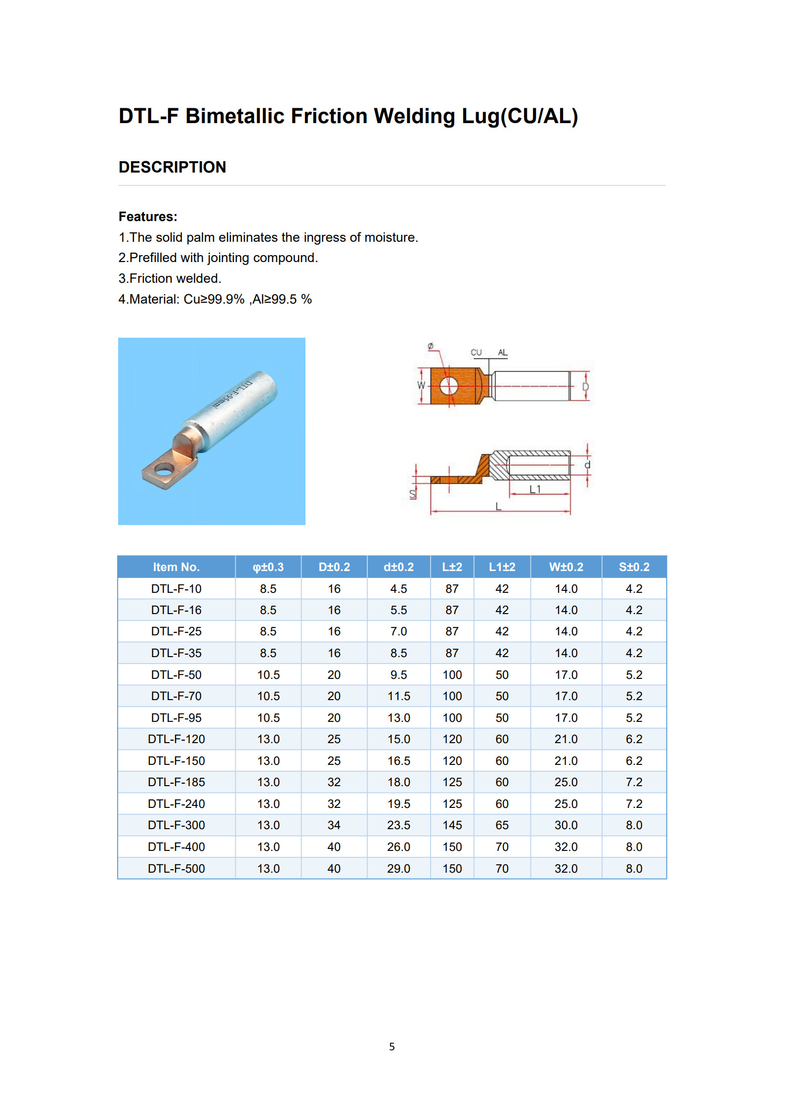 DTL-F Square Head Bimetal Cable Lugs detail 1